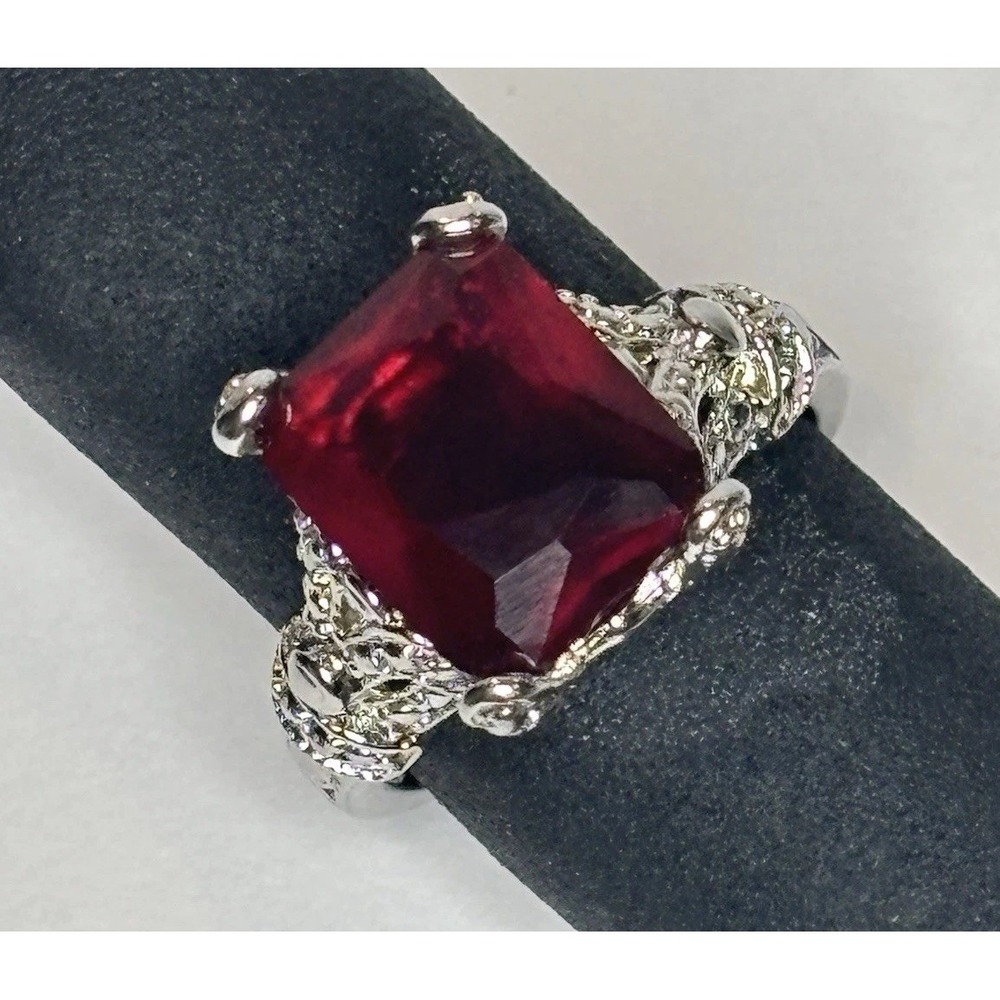 Ruby Red Glass Emerald Cut Statement Ring Size 7 Ornate Silver Tone JS